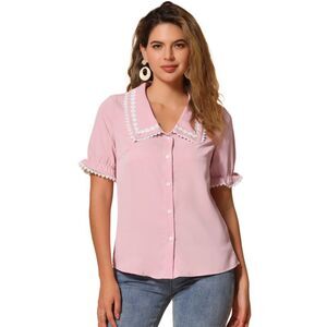 Sweet Peter Pan Contrast Collar Short Sleeves Button Up Blouse Light Pink